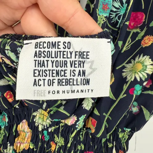 BETINA Floral Print Maxi Dress Deep V Neck Smocked Waist Tie Back Navy Black