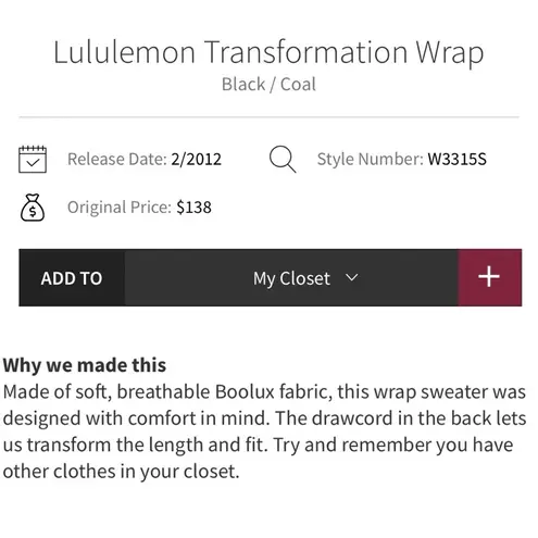 Lululemon  Transformation Wrap in Black & Coal