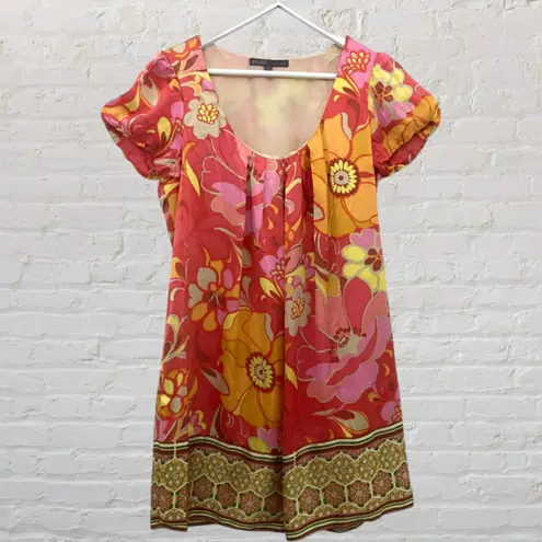 Hale Bob Silk Floral Boho Shift Dress S – Coral Pink Yellow Resort