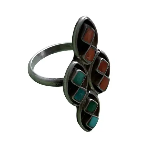 Vintage Southwestern Navajo Turquoise Coral & Sterling Silver Old Pawn Ring Red