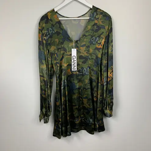 Ganni Satin Green Camo Print Long Sleeve A-Line Mini Dress