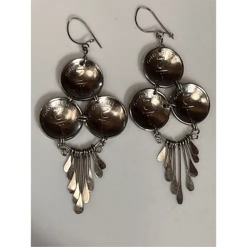 Handmade Peruvian Coin Dangle Earrings Boho Silver Tone 1/2 Sol De Oro 1970s