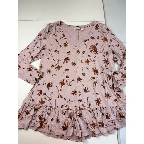 LOGO By Lori Goldstein LOGO Lori Goldstein Women's Floral Print V-Neck Ruffle Hem 3/4 Sleeve Top