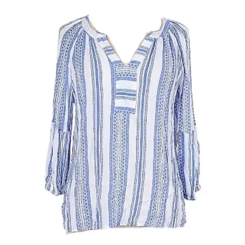 Brina & Em Colter Split Neck Boho Blue White Top Size Large