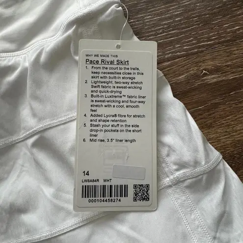 Lululemon  Pace Rival Skirt Mid-Rise Regular White Size 14 NWT