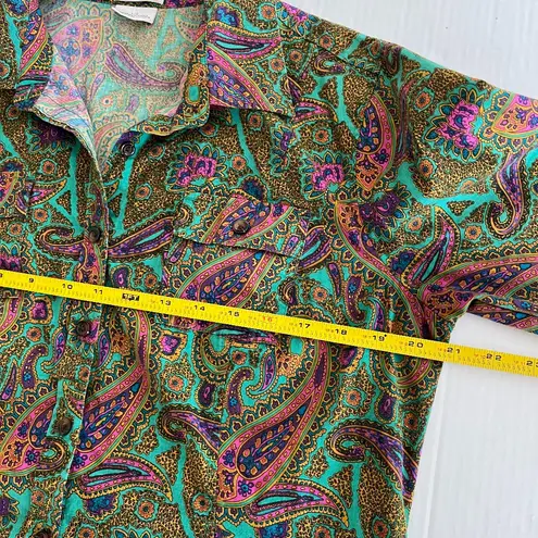 Van Heusen Sz L Button Front Blouse Top Funky Green Paisley Pockets Shirt