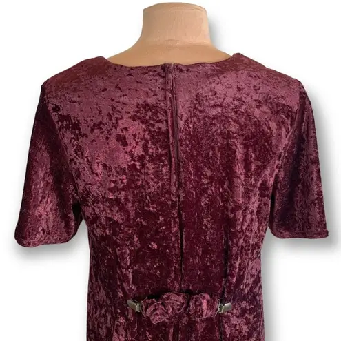Vintage 90s Maxi Dress Burgundy Crushed Velvet Dark Floral Rosette Short Sleeve Red Size 14
