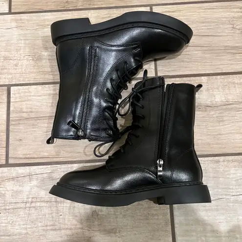 Combat Boots Lace Up Side Zipper Boots Stylish Faux Leather Boots booties pu leather winter shoes Black Size 6