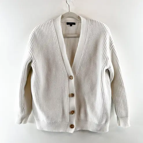 Quince  Ribbed Fisherman Button Up V Neck Cardigan Sweater White Small