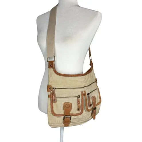 Fat Face Y2K Canvas Leather Crossbody Messenger Bag Utility Pockets Rare Unused Tan