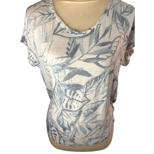 Tahari Palm tree print white and light Green 100% linen relaxed fit Off-set Heml