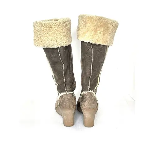 UGG  Sandra Leather Brown Suede Sheepskin Shearling Wedge Boots Size 6 Side Zip