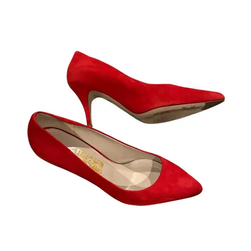 Salvatore Ferragamo Ferragamo Ilary Lipstick Red Suede Pointy Toe Pumps Kitten Heel Shoes 9.5