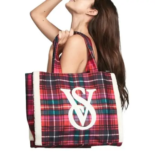 Victoria's Secret Victoria’s Secret Plaid Flannel Faux Sherpa Tote Bag Pink Green Large