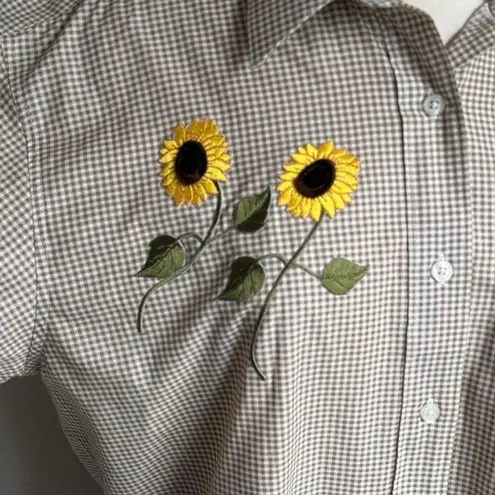 Vintage fall Gingham Sunflower Embroidered Blouse Cottagecore Button Down M Yellow Size M