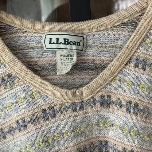 Vintage 90s L.L. Bean Pastel Fair Isle Cotton Linen Sweater knit beige striped Tan Size XL