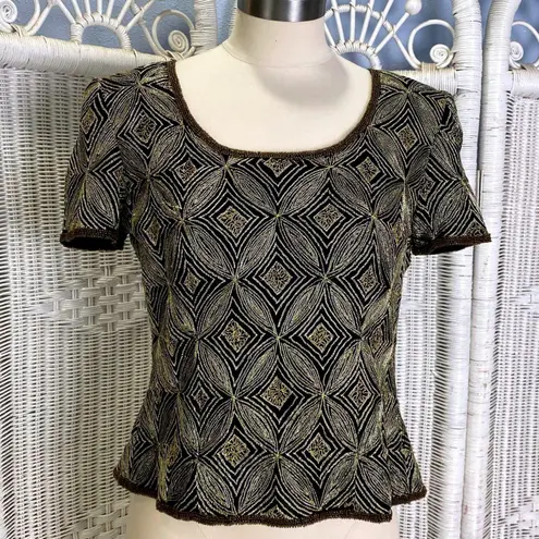 Papell Boutique Vintage 90s Evening Silk Beaded Top S Black Gold Holiday Glam