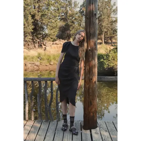 Mac Duggal NWT Black Crepe Belted Tulip Sleeve Midi Dress 8 Quiet Luxury Career