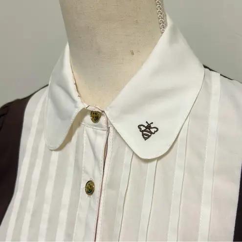Birdie Bee Brown White Pleated Button Up Short Puff Sleeve Collared Top XS