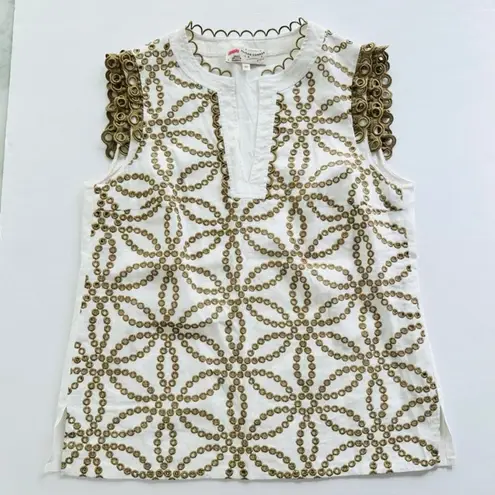 Maison Common Embroidered Linen Eyelet Cream Sleeveless Top Size 40 Beach Yacht Tan Size M