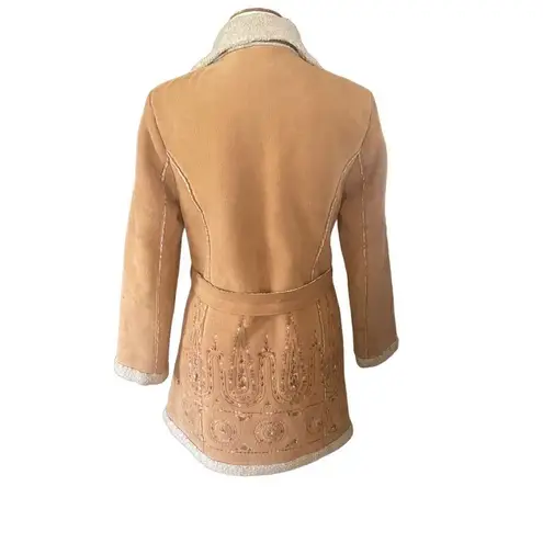 Daniel Benjamin Faux Leather Sherpa Lined Embroidered Boho Style Jacket Size Sma Tan