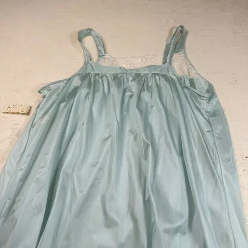 Vintage Baby Blue Satin Lace Trim Nightgown Maxi Dress L Floral Embroidered Size L