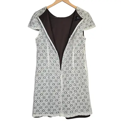 Suzi Chin Short Sleeve Mini Dress Ivory Crochet Lace Chocolate Brown Lining 12