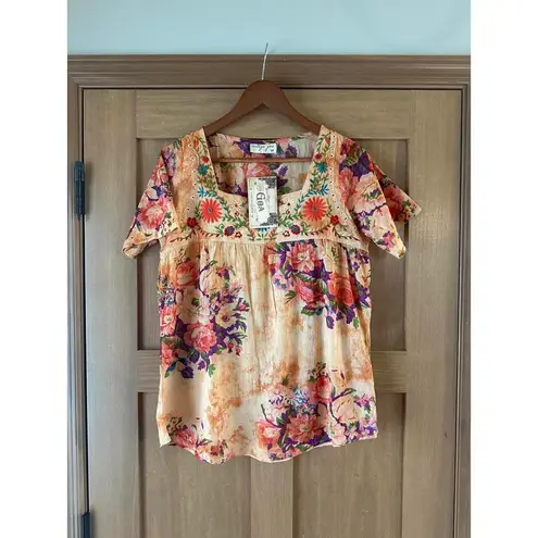 NWT Vintage Goa Square Neck Embroidered Floral Boho Top in Mango Women size Med Orange