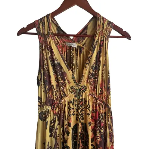 One World Women Maxi Dress S Yellow Batik Print Retro Style Boho Jersey Stretch