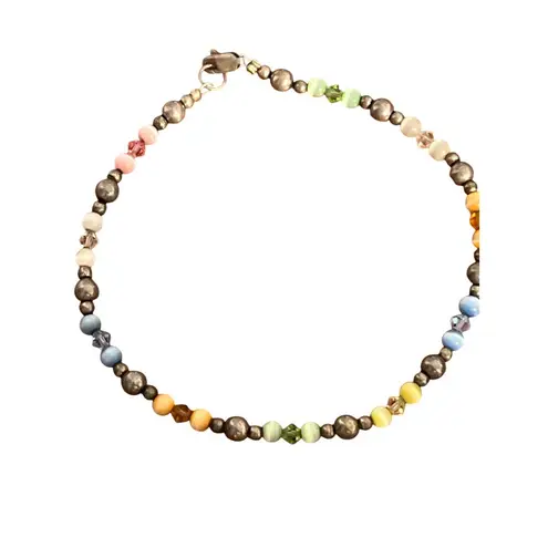 Vintage Sterling Silver Cat Eye Bead Anklet Bracelet 9" 5.65g Estate Colorful