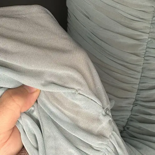 Nookie Bodycon Dress Size XL Midi Blue Nude Tube Ruched Mesh Corset Sheath Zip