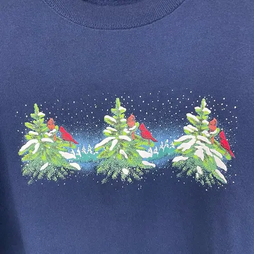 Jerzees Vintage  Navy Blue Cardinal Birds Christmas Trees Crewneck Sweatshirt XL