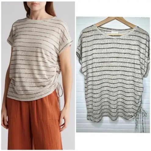 Caslon Women Beige Striped Short Sleeve Drawstring T-Shirt Size L Oatmeal