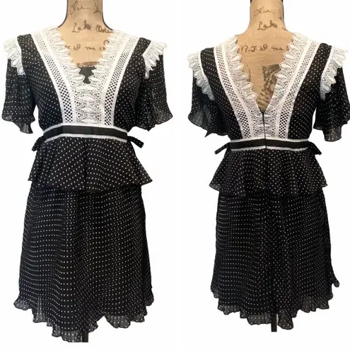 Urban Outfitters NWT Haute Rogue Polka Dot Peplum Lace ruffle Dress Small Maid Wednesday Addams