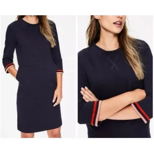 Boden Navy‎ Livia Velvet Striped Cuff Quarter Sleeve Sweatshirt Dress Size 4L Blue