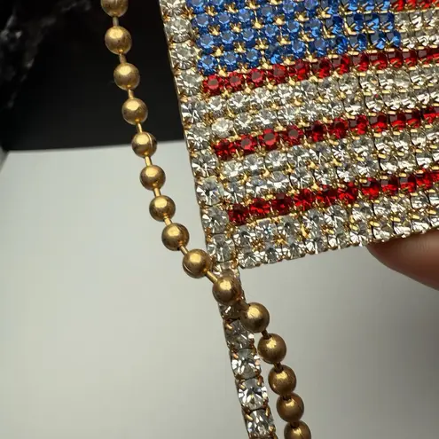 American Flag On Pole 5 7/8” Rhinestone Brooch Pin Gold Tone Large