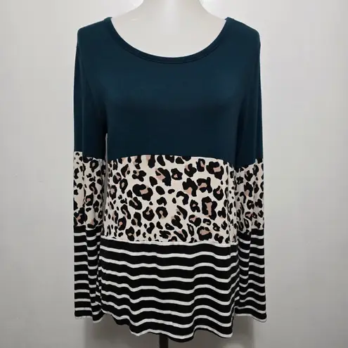 24 Seven by Maurices Kennedy Teal Leopard Stripe Colorblock Long Sleeve Top M Green Size M