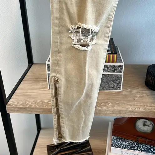 MOTHER Denim Mother Jeans Low-Rise Looker Blow Out Raw Hem Tan Distressed Tan Ankle Jean, 26