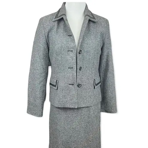 Pendleton Vintage Wool Silk Tweed Style Skirt Suit Leather Trim Black Small