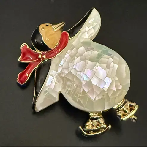 Vintage Unsigned Enameled Penguin Ice Skating Mosaic MOP Belly Brooch 23g. Red