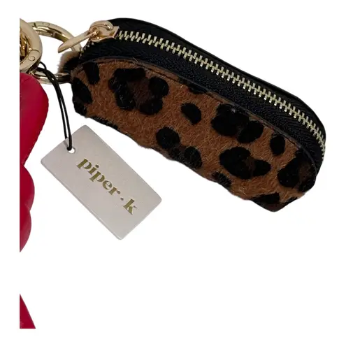 Piper K Leopard Print Mini Coin Purse Handbag Charm Gold Key Ring Heart Red Rope Brown