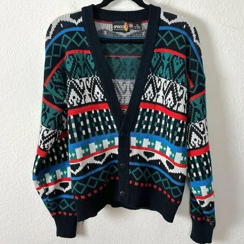 Vintage 70s Sasson Fair Isle V Neck Cardigan Sweater Oo La La Small Retro Black