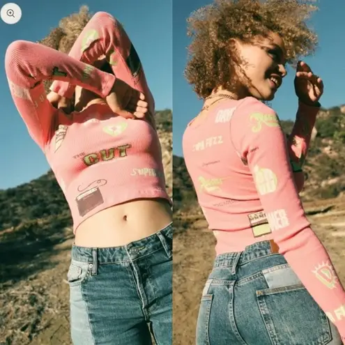 Daydreamer Pink Green Radio Stereo Amplified Thermal Long Sleeve Crop Top Sz XS