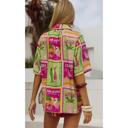 Seven Wonders Two Piece Set Womens XS Purple Green Hawaiian Aloha Shirt Shorts