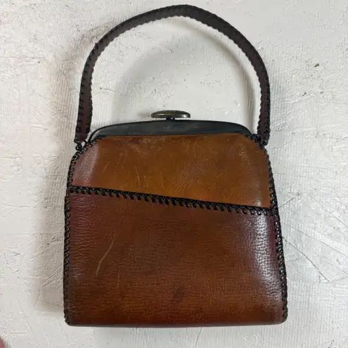 Vintage Leather Handbag Art Deco Floral Embossed Kiss Lock Clutch Purse Brown