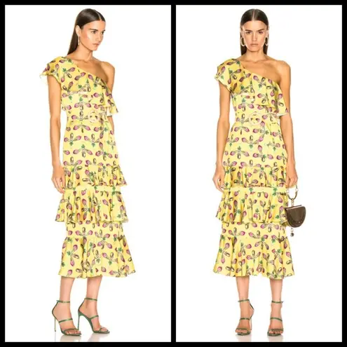 💕PATBO💕 One Shoulder Tiered Ruffle Midi Dress ~ Bright Yellow Print 8 NWT