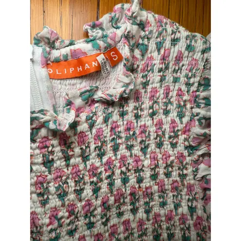 Oliphan Floral Smocked Ruffle Mini Dress Pink Green White Sleeveless Summer S