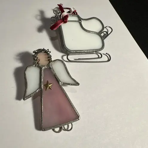 Handmade Glass Christmas Holiday Brooch Pins Lot Of 2 Ice Skates / Angel