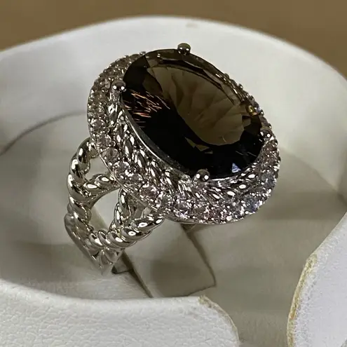 Smoky Quartz Sterling Silver Ring w/ White Zircon Halo Statement Cocktail Sz 9 Brown