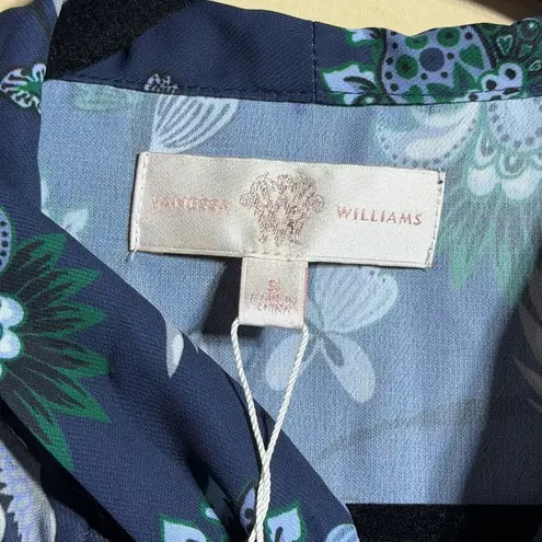 Vanessa Williams Bow Blouse NWT Size Small Blue Crane Floral Print Long Sleeve